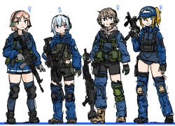  1boy 3girls ammunition_pouch assault_rifle baseball_cap bike_shorts boots bulletproof_vest combat_boots dutchko gun hat headset howa_type_20 howa_type_89 load_bearing_vest military multiple_girls original pouch rifle school_uniform tactical_school_uniform weapon 