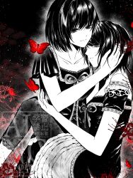  2girls amakura_mayu amakura_mio bare_shoulders black_background bob_cut bug butterfly closed_mouth collarbone commentary_request cowboy_shot crying crying_with_eyes_open fatal_frame fatal_frame_ii:_crimson_butterfly flower gradient_background greyscale half-closed_eyes hand_in_another's_hair hand_on_another's_cheek hand_on_another's_face hand_up heads_together highres leggings light_particles light_smile looking_ahead looking_at_another miniskirt monochrome multiple_girls off-shoulder_shirt off_shoulder parted_lips red_butterfly red_flower ribbon shirt short_hair short_sleeves siblings sisters sitting sitting_on_lap sitting_on_person skirt spider_lily spot_color tears twins watermark yuukinouwu 