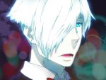  1boy :o bangs blue_eyes blurry chieru(❀&acute;o&omega;o`✿) commentary_request death_parade depth_of_field dequim from_side hair_over_one_eye looking_at_viewer male_focus open_mouth pale_skin portrait short_hair solo white_hair 