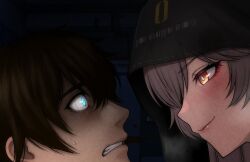  1boy 1girl art_undertaker assertive_female black_groza_(girls'_frontline_2) black_veil blue_eyes blush brown_hair clenched_teeth close-up commander_(girls'_frontline) commentary english_commentary girls'_frontline_2:_exilium girls_frontline hetero indoors looking_at_viewer nervous orange_eyes ots-14_(girls'_frontline) scared seductive_smile shaded_face smile staring teeth veil yellow_eyes 