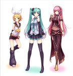 3girls belt black_boots black_legwear blonde_hair blue_eyes boots covered_navel cross-laced_footwear detached_sleeves gogatsu_no_renkyuu green_eyes green_hair hair_ornament hair_ribbon hairclip hatsune_miku headphones kagamine_rin knee_boots lace-up_boots long_hair megurine_luka midriff multiple_girls necktie pink_hair ribbon short_hair shorts simple_background skirt thigh-highs thigh_boots twintails very_long_hair vocaloid white_background yellow_boots zettai_ryouiki 
