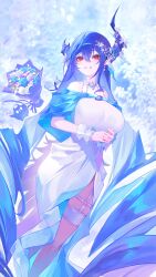  1girl :d absurdly_long_hair absurdres alternate_costume asymmetrical_horns black_hair black_horns blue_hair bouquet breasts colored_inner_hair commentary dress earrings english_commentary flower garter_straps grin highres hololive hololive_english horn_flower horns jailbird_(nerissa_ravencroft) jewelry large_breasts long_dress long_hair mole mole_under_eye multicolored_hair nerissa_ravencroft o-ring o-ring_thigh_strap own_hands_together side_slit smile solo thekaiyip thigh_strap uneven_horns very_long_hair virtual_youtuber white_dress 