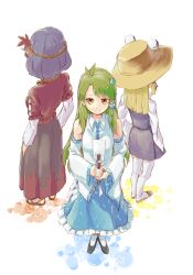  3girls antenna_hair black_shoes black_skirt blonde_hair blue_skirt brown_hat chinese_commentary closed_mouth commentary_request detached_sleeves frilled_skirt frills frog_hair_ornament full_body green_eyes green_hair hair_ornament hair_ribbon hair_tubes hat kochiya_sanae layered_sleeves leaf leaf_hair_ornament long_hair long_sleeves maple_leaf moriya_suwako multiple_girls purple_hair purple_skirt purple_vest red_ribbon red_shirt red_skirt ribbon rope shirt shoes short_over_long_sleeves short_sleeves single_hair_tube skirt smile snake_hair_ornament thigh-highs touhou tress_ribbon tuck_(tuck23978434) two-tone_skirt very_long_hair vest white_thighhighs yasaka_kanako 