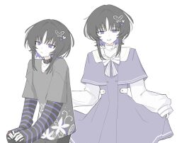  1girl alternate_costume black_collar black_hair capelet chinese_commentary closed_mouth collar commentary_request dress emptiedfishtank grey_shirt highres holding_own_dress housho_margo long_sleeves looking_at_viewer mahou_shoujo_no_majo_saiban medium_hair multiple_views print_shirt purple_capelet purple_dress shirt simple_background sleeves_past_wrists smile striped_sleeves violet_eyes white_background 