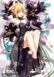  1girl absurdres ahoge blonde_hair dark_persona dress fate/unlimited_codes fate_(series) flower highres keikaj lily_(flower) saber saber_alter saber_lily solo yellow_eyes 