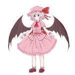  1girl ascot bat_wings batta_(ijigen_debris) blue_hair bow dress hat hat_bow mary_janes mob_cap pink_dress red_eyes remilia_scarlet sash shoes short_hair smile solo touhou white_background wings wristband 
