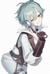  1boy absurdres ahoge belt belt_collar black_belt black_gloves buttons choker collar collarbone collared_shirt commentary_request dagger fingerless_gloves genshin_impact glint gloves green_hair grin hair_between_eyes hair_intakes highres holding holding_dagger holding_knife holding_weapon knife lapels leaning_forward lohen_(genshin_impact) lohen_(standardized_test)_(genshin_impact) looking_at_viewer male_focus mole mole_under_eye multicolored_eyes official_alternate_costume open_collar pants pinstripe_pattern pinstripe_vest rabbit_symbol shirt short_hair smile solo vest waistcoat weapon white_background white_pants white_shirt yakousei_ookami 