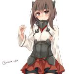  1girl bike_shorts blush brown_eyes brown_hair headband headgear kantai_collection looking_at_viewer maruki_(punchiki) pleated_skirt short_hair skirt smile solo taihou_(kantai_collection) twitter_username 