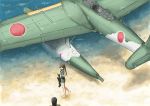  2girls aichi_e16a barefoot beach brown_hair chikuma_(kantai_collection) hair_ribbon kantai_collection long_hair multiple_girls ocean ribbon seaplane single_elbow_glove skirt thighhighs_removed tone_(kantai_collection) twintails vent_arbre 