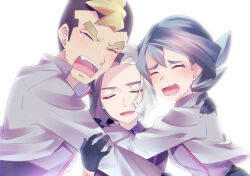  1girl 2boys :d absurdres amethio_(pokemon) black_gloves closed_eyes commentary_request crying facing_viewer furrowed_brow gloves grey_jacket highres hug jacket mikan_bako multicolored_hair multiple_boys onia_(pokemon) open_mouth pokemon pokemon_(anime) pokemon_horizons raised_inner_eyebrows shirt short_hair smile tears teeth two-tone_hair white_background zirc_(pokemon) 