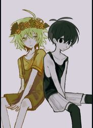 2boys alternate_color antenna_hair basil_(headspace)_(omori) basil_(omori) black_eyes black_hair black_overalls black_tank_top brown_shirt closed_mouth collarbone colored_skin double-parted_bangs expressionless flower_wreath green_eyes green_hair grey_background hair_between_eyes head_wreath highres looking_at_another looking_at_viewer multiple_boys nill_(nill) omori omori_(omori) over-kneehighs overall_shorts overalls shirt short_hair shorts simple_background striped_clothes striped_shorts tank_top thigh-highs twitter_username vertical-striped_clothes vertical-striped_shorts white_shorts white_skin 