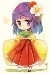  1girl bow chibi flower hair_flower hair_ornament hieda_no_akyuu japanese_clothes kimono lowres purple_hair ribbon sen1986 short_hair smile solo touhou violet_eyes 