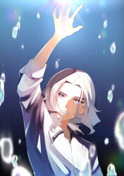  1boy absurdres amethio_(pokemon) arm_up blurry bright_pupils clenched_teeth collared_shirt commentary_request highres looking_up male_focus mikan_bako pokemon pokemon_(anime) pokemon_horizons shirt solo symbol-shaped_pupils teeth triangle-shaped_pupils upper_body violet_eyes water_drop watermark white_pupils 