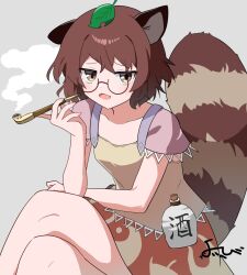  1girl animal_ears brown_dress brown_eyes commentary_request crossed_legs dress futatsuiwa_mamizou glasses gourd grey_background holding holding_smoking_pipe leaf leaf_on_head open_mouth raccoon_ears raccoon_girl raccoon_tail round_eyewear short_sleeves simple_background smile smoking_pipe solo tail touhou yoihebi 
