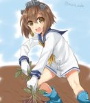  1girl blue_boots blush boots brown_eyes brown_hair gloves headgear kantai_collection looking_at_viewer maruki_(punchiki) open_mouth pulling rubber_boots sailor_dress scenery school_uniform serafuku short_hair smile solo weeds white_gloves yukikaze_(kantai_collection) 