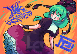  1girl bow dress dutch_angle frilled_bow frilled_dress frilled_ribbon frills front_ponytail green_eyes green_hair hair_ribbon highres kagiyama_hina leaf_st looking_at_viewer looking_back orange_background puffy_short_sleeves puffy_sleeves red_bow red_dress red_ribbon ribbon short_sleeves smile solo touhou wrist_ribbon 