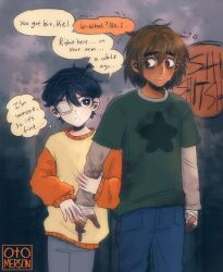  2boys alternate_costume alternate_universe antenna_hair bandaged_hand bandages black_eyes black_hair blue_pants bright_pupils brown_hair commentary denim double-parted_bangs english_commentary english_text eyepatch green_shirt hair_between_eyes highres jeans kel_(faraway)_(omori) kel_(omori) long_sleeves looking_at_another male_focus medical_eyepatch multiple_boys omori open_mouth otomerson pants parted_lips profanity raglan_sleeves shirt short_hair speech_bubble spoilers sunny_(omori) sweat sweater thought_bubble white_pupils yellow_sweater 