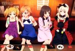  4girls absurdres animedia black_hair blonde_hair blue_eyes brown_hair crossed_legs drill_hair drink food gloves green_eyes hair_ornament hairclip highres legs lolita_fashion miyamori_aoi multiple_girls official_art ogasawara_rinko open_mouth red_eyes shirobako short_twintails twintails yako_hiromi yano_erika yasuhara_ema 