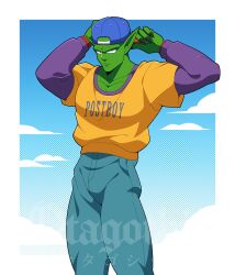  1boy absurdres adjusting_clothes adjusting_headwear artist_name backwards_hat baseball_cap blue_pants clouds colored_skin denim dragon_ball dragon_ball_z feet_out_of_frame frown green_skin hat highres jeans layered_sleeves long_sleeves male_focus official_alternate_costume otagothic pants pectoral_cleavage pectorals piccolo pointy_ears shirt short_over_long_sleeves short_sleeves solo watermark yellow_shirt 
