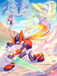  1girl 3boys absurdres armor blonde_hair blue_eyes character_request ciel_(mega_man) commentary day english_commentary gloves grin gun helmet highres holding holding_gun holding_weapon long_hair mega_man_(series) mega_man_zero_(series) multiple_boys nuri_durr outdoors red_eyes smile weapon white_gloves z_saber zero_(mega_man) 