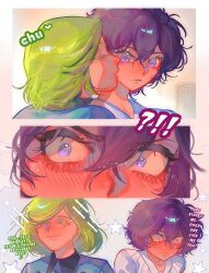  2girls agott_arklaum_(tongari_boushi_no_atelier) blue_robe blush closed_eyes closed_mouth coco_(tongari_boushi_no_atelier) commentary dlovesespresso dress english_commentary english_text green_hair highres kiss kissing_cheek multiple_girls purple_hair qifrey's_atelier_apprentice_uniform robe short_hair sparkle star_(symbol) tongari_boushi_no_atelier violet_eyes white_dress yuri 