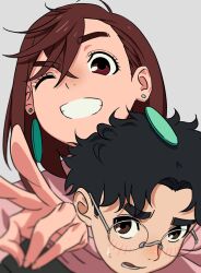  1boy 1girl absurdres arm_around_neck ayase_momo black_hair blush brown_eyes brown_hair commentary crossed_bangs dandadan earrings floating_earrings glasses grey_background grin hair_behind_ear hair_between_eyes highres jewelry kami_high_school_uniform looking_at_viewer namji_01 one_eye_closed open_mouth pink_sweater round_eyewear school_uniform short_hair smile sweatdrop sweater takakura_ken_(dandadan) untranslatable_commentary upper_body v 