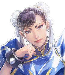  1girl absurdres bracelet brown_eyes brown_hair bun_cover china_dress chinese_clothes chun-li cirenk commentary double_bun dress hair_bun highres jewelry short_hair simple_background solo spiked_bracelet spikes street_fighter white_background 