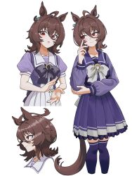  1girl absurdres agnes_tachyon_(umamusume) animal_ears blush bow brown_hair clapping closed_mouth commentary hair_between_eyes highres horse_ears horse_girl horse_tail long_sleeves nishiro_yato open_mouth pleated_skirt profile purple_bow purple_sailor_collar purple_shirt purple_skirt purple_thighhighs red_eyes sailor_collar school_uniform shirt short_hair short_sleeves skirt smile tail thigh-highs tracen_school_uniform umamusume white_bow white_sailor_collar white_skirt wolf_cut zettai_ryouiki 