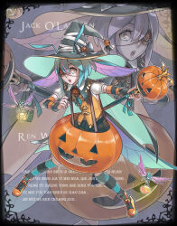  1boy antennae awii blue_hair cape eyepatch full_body halloween halloween_costume hat head_wings holding holding_scepter insect_wings jack-o'-lantern looking_at_viewer low_wings male_focus multiple_wings orange_eyes orange_vest original pumpkin_costume scepter short_hair solo striped_clothes striped_thighhighs suspenders thigh-highs vest wings witch_hat zoom_layer 