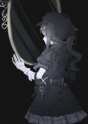  1girl absurdres ammunition_pouch arm_belt asymmetrical_gloves bandaged_arm bandages black_background black_choker black_coat black_dress black_gloves black_hair black_hat black_ribbon checkered_clothes checkered_dress choker closed_mouth coat collared_dress commentary dress gloves goggles goggles_on_headwear hat highres kurobe_nanoka long_hair looking_at_mirror looking_at_reflection mahou_shoujo_no_majo_saiban mirror neck_ribbon pouch ribbon sanlao1207 simple_background solo twintails untranslatable_commentary 