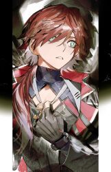  1boy absurdres black_gloves cleavage_cutout clothing_cutout commentary fingerless_gloves gloves green_eyes hair_between_eyes highres holding holding_jewelry holding_necklace jewelry key key_necklace kome_non lauren_iroas lauren_iroas_(1st_costume) long_hair long_sleeves looking_to_the_side necklace nijisanji parted_lips ponytail red_hair side_ponytail solo turtleneck untranslatable_commentary upper_body virtual_youtuber 