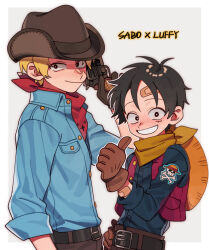  2boys bandaid bandaid_on_face belt blonde_hair blue_shirt brown_hat character_name commentary_request hand_on_own_hip hat looking_at_viewer male_focus monkey_d._luffy multiple_boys neckerchief one_piece orange_hat red_neckerchief sabo_(one_piece) scar scar_on_face shirt short_hair simple_background thumbs_up white_background wuliu_heihuo 