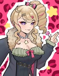  animal_print blonde_hair bow breasts candy chest_bow commentary drill_hair english_commentary food gyaru hair_bow heart_hairpin heartsync highres jewelry large_breasts leopard_print lollipop looking_at_viewer miki_kokoa_(artist) mole mole_on_breast multicolored_hair necklace pearl_necklace pink_background pink_bow pink_hair side_drill siena_olena solo star_pendant tongue tongue_out two-tone_hair violet_eyes 