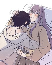  2girls black_hair black_skirt blue_eyes blush brown_sweater chang_chin-lan closed_mouth commentary english_commentary grey_hoodie gujyo_kanade hand_on_another's_head highres hood hoodie hug kamiina_botan_yoeru_sugata_wa_yuri_no_hana long_hair multiple_girls murmur_(kim0222dr5) pleated_skirt purple_hair short_hair skirt sweater turtleneck turtleneck_sweater yuri 