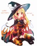  1girl alternate_costume blonde_hair candy cape dated flandre_scarlet halloween_costume happy_halloween hat lollipop red_eyes sen1986 short_hair side_ponytail sketch skirt solo star striped striped_legwear t-shirt thigh-highs touhou wings witch_hat 