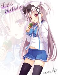  1girl arms_behind_back black_bow black_ribbon black_thighhighs blue_sailor_collar blue_skirt blush bow commentary_request cowboy_shot dated eyes_visible_through_hair food frilled_sailor_collar frills grey_hair hair_between_eyes hair_bow hair_ribbon highres holding holding_ice_cream_cone huge_bow ice_cream ice_cream_cone long_hair long_sleeves midriff miniskirt navel open_mouth original pleated_skirt red_eyes ribbon sailor_collar sailor_shirt school_uniform serafuku shirt sidelocks signature simple_background skirt solo straight_hair thigh-highs tongue tongue_out tress_ribbon two_side_up very_long_hair white_background white_shirt yuzu_modoki zettai_ryouiki zoom_layer 
