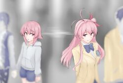  2boys 2girls :o aged_down antenna_hair arms_behind_back blazer blue_shorts blurry blurry_background bow bowtie breasts brown_jacket casual chaos;child chaos;head child collared_shirt commentary_request dress_shirt flat_chest hair_ribbon highres hood hooded_jacket in-franchise_crossover jacket long_hair looking_at_another miyashiro_takuru multiple_boys multiple_girls nishijou_takumi one_side_up onoe_serika open_mouth otsukanolich pink_eyes pink_hair purple_bow purple_bowtie purple_skirt ribbon sakihata_rimi school_emblem school_uniform science_adventure shirt short_hair_with_long_locks shorts sideways_glance skirt small_breasts smile suimei_academy_school_uniform surprised t-shirt very_long_hair white_jacket white_shirt winter_uniform yellow_shirt zipper_pull_tab 