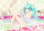  1girl ahoge aqua_eyes aqua_hair barefoot bathing breasts bubble bubble_blowing cleavage gearous hatsune_miku leg_up long_hair partially_submerged sitting soap_bubbles solo twintails very_long_hair vocaloid 