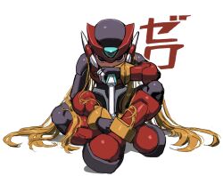  1boy armor blonde_hair full_body helmet highres long_hair mega_man_(series) mega_man_zero_(series) noro_zt red_armor red_helmet simple_background sitting solo very_long_hair white_background z_saber zero(z)_(mega_man) zero_(mega_man) 