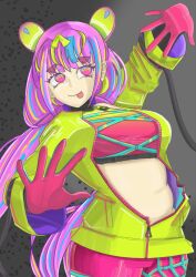  1girl commentary crop_top english_commentary girls'_frontline_neural_cloud girls_frontline gloves highres jacket linlee134 long_hair midriff pink_eyes pink_gloves pink_hair puzzle_(neural_cloud) tongue tongue_out 