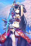  1girl arm_up armor armpits black_hair breasts chain_chronicle cleavage cleavage_cutout collar floral_print hair_ribbon holding holding_sword holding_weapon long_hair looking_at_viewer midriff navel oni oni_horns original red_eyes ribbon senoo_aoi sheath single_thighhigh smile solo spiked_collar spikes standing sword thigh-highs very_long_hair weapon 