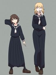  2girls :/ alternate_costume arm_behind_head black_pants black_serafuku black_shirt black_skirt black_socks blonde_hair brown_eyes brown_hair brown_shoes commentary_request full_body grey_background hand_on_own_face hand_on_own_opposite_hip highres iwoillust loafers long_hair long_sleeves maribel_hearn multiple_girls outline pants pleated_skirt sailor_collar school_uniform serafuku shirt shoes short_hair skirt socks touhou usami_renko yellow_eyes 