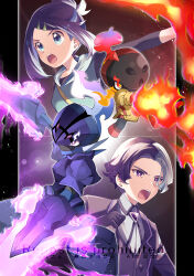  1boy 1girl :o absurdres amethio_(pokemon) black_shirt blue_eyes bright_pupils ceruledge charcadet collared_shirt commentary_request fire grey_shirt hair_ornament hairclip highres jacket liko_(pokemon) mikan_bako multicolored_hair open_clothes open_jacket open_mouth outstretched_arm pokemon pokemon_(anime) pokemon_(creature) pokemon_horizons shirt short_hair sidelocks strap swept_bangs symbol-shaped_pupils teeth triangle-shaped_pupils two-tone_hair upper_teeth_only vest violet_eyes white_pupils 