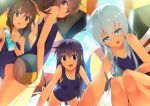  4girls akatsuki_(kantai_collection) ball bare_shoulders beachball blue_eyes blue_hair blue_sky bottle brown_eyes brown_hair folded_ponytail from_below hair_ornament hairclip hibiki_(kantai_collection) ikazuchi_(kantai_collection) inazuma_(kantai_collection) kantai_collection long_hair looking_at_viewer multiple_girls no_hat one-piece_swimsuit open_mouth short_hair silver_hair sky smile squatting swimsuit tomato_(lsj44867) umbrella 