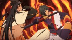  2boys armor artist_request black_hair brothers canon_event choko_(cup) closed_mouth collarbone cup game_asset gloves hair_between_eyes hair_over_one_eye hand_on_own_leg holding holding_cup holding_sheath holding_sword holding_weapon japanese_clothes lava long_hair looking_at_another male_focus multiple_boys official_art on_floor orange_eyes rokurou_rangetsu scar scar_on_chin scar_on_face sheath sheathed shigure_rangetsu siblings sitting smile sword tales_of_(series) tales_of_berseria tales_of_the_rays teeth third-party_source weapon 