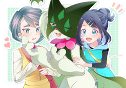  2girls :d absurdres bag black_hair black_shirt blue_eyes blush bright_pupils commentary_request eyelashes furry green_eyes hair_bun hair_ornament hairclip heart highres hood hooded_vest hoodie liko_(pokemon) long_sleeves meowscarada mikan_bako multiple_girls onia_(pokemon) open_mouth outline pokemon pokemon_(anime) pokemon_(creature) pokemon_horizons shirt single_hair_bun sleeves_past_wrists smile swept_bangs vest white_pupils yellow_bag 