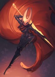  1girl absurdres arthropod_girl artist_name black_background black_skin cath_na cloak colored_skin commentary full_body highres holding holding_needle hollow_eyes hollow_knight hollow_knight:_silksong horned_mask hornet_(hollow_knight) looking_at_viewer mask needle needle_(hollow_knight) over_shoulder red_cloak simple_background solo standing sword sword_over_shoulder weapon weapon_over_shoulder white_mask 