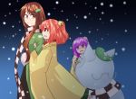  3girls bell brown_eyes brown_hair checkered flower futatsuiwa_mamizou futatsuiwa_mamizou_(human) ganmaganmo glasses hair_bell hair_flower hair_ornament hieda_no_akyuu highres japanese_clothes jealous kimono leaf leaf_on_head long_hair motoori_kosuzu multiple_girls open_mouth pince-nez purple_hair red_eyes redhead scarf short_hair smile snow snowman spade touhou twintails violet_eyes yandere 