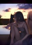  1girl animal bare_arms black_hair breasts cat cleavage clouds dress green_eyes highres legs long_hair looking_away nana_mikoto original sitting sky solo sunset thighs 