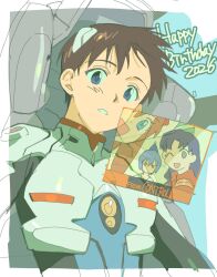  1boy ayanami_rei blue_eyes blue_hair blush brown_hair cockpit collared_jacket commentary_request happy_birthday highres ikari_shinji interface_headset_(evangelion) jacket katsuragi_misato mecha_pilot_suit neon_genesis_evangelion orange_hair parted_bangs plugsuit_(evangelion) red_eyes red_jacket rinami456 screen souryuu_asuka_langley 